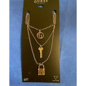 Guess Gold-Tone Triple Strand Layered Logo Pave Lock & Key Charm Necklace